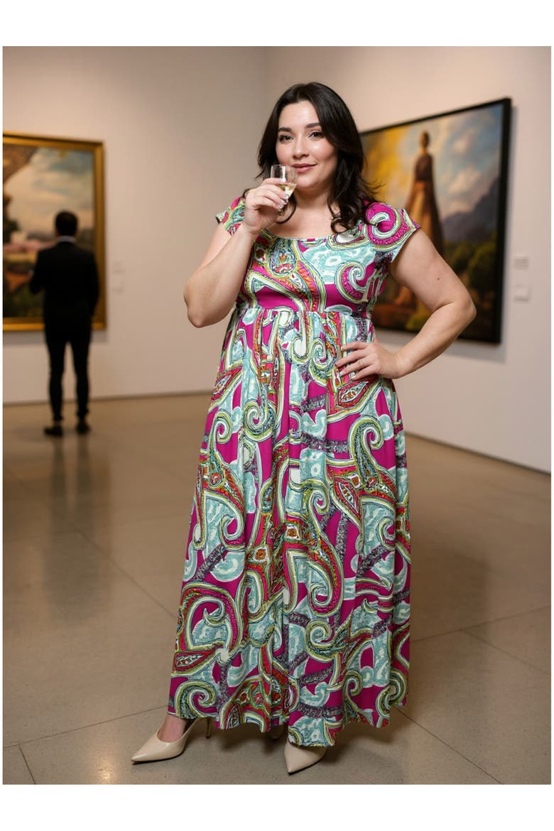 Plus Size Paisley Square Neck Cap Sleeve Pleated A-Line Maxi Dress, Alternate, color, Pink Multi