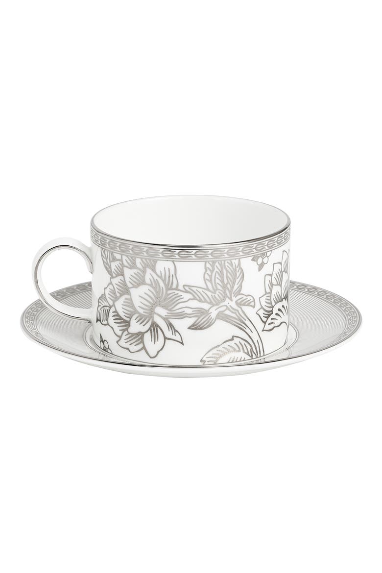Silver Tonquin Bone China Teacup & Saucer Set, Alternate, color, SILVER