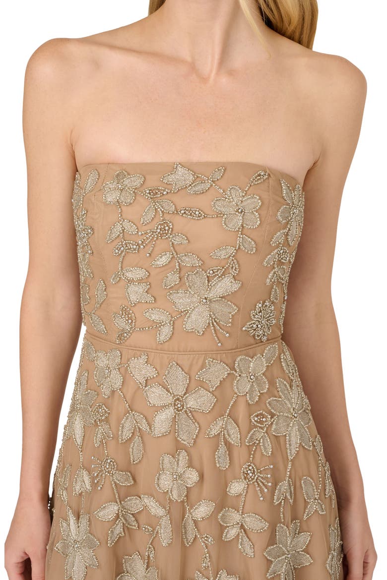 Beaded Strapless Mesh Fit & Flare Ballgown, Alternate, color, TAUPE/ PINK