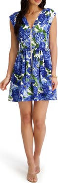 Kensie Floral Cap Sleeve Stretch Cotton Sateen Fit & Flare Dress