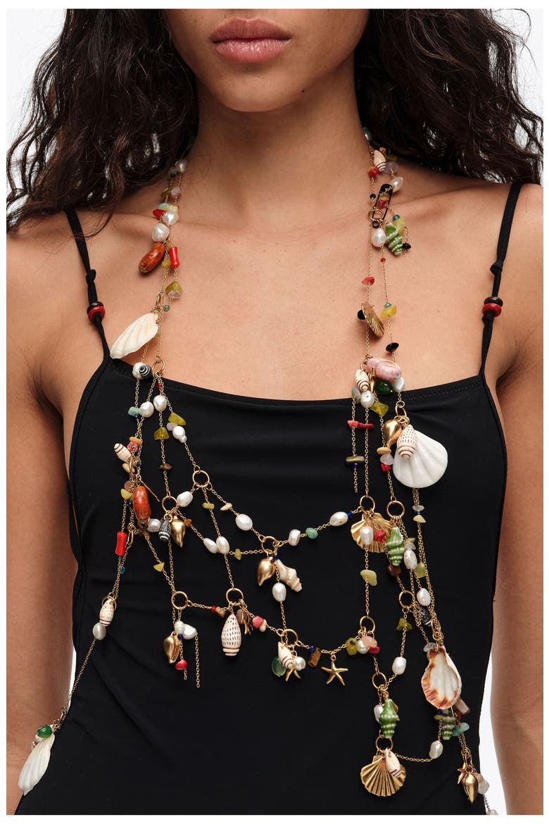 Maxi Necklace With Chains And Seashell Multi-Charms, Alternate, color, GOLD