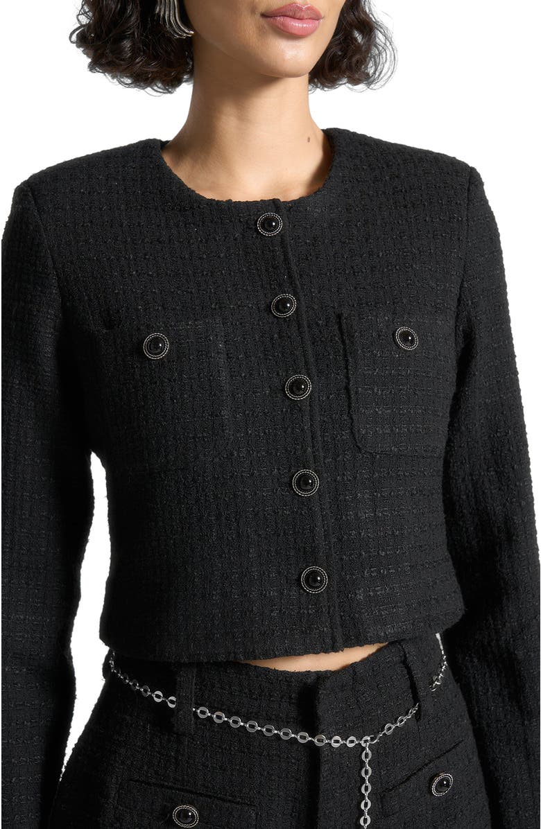 Manière De Voir Celine Cropped Tweed Jacket with Pearls, Alternate, color, Black