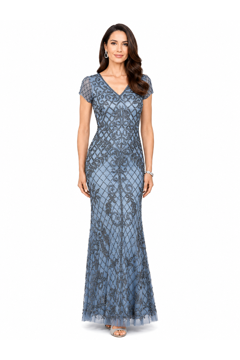 Cap Sleeve Mermaid Beaded Gown, Alternate, color, Ink Blue