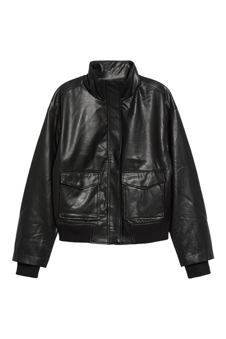 High Neck Faux Leather Bomber Jacket, Main, color, RICH BLACK