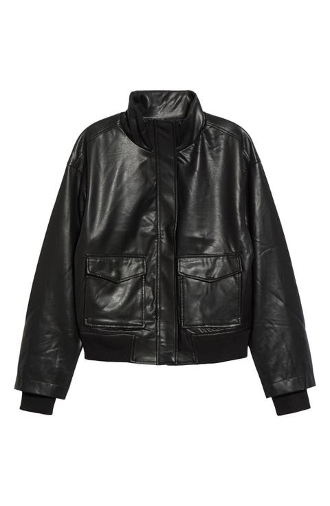 High Neck Faux Leather Bomber Jacket