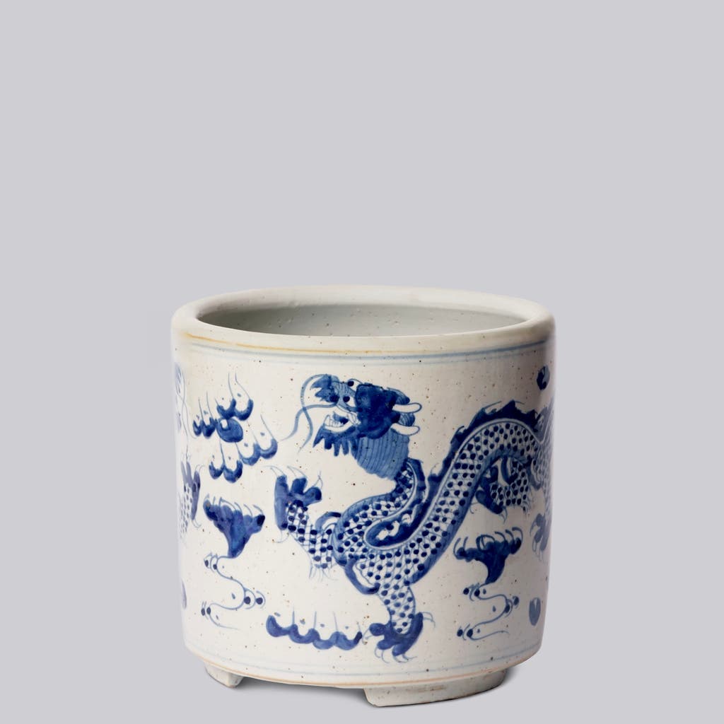Cobalt Guild Blue And White Porcelain Dragon Footed Cachepot In Blue