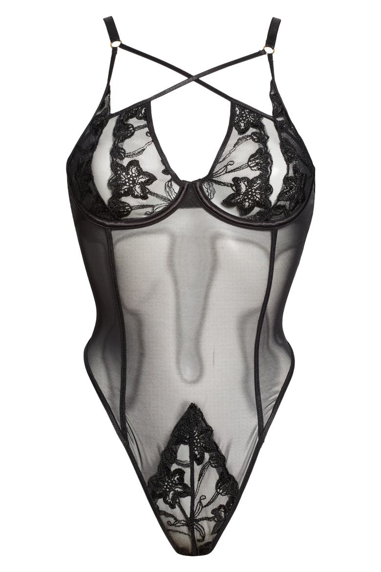 Eleanor Layered Embroidered Lace & Mesh Underwire Teddy, Alternate, color, BLACK