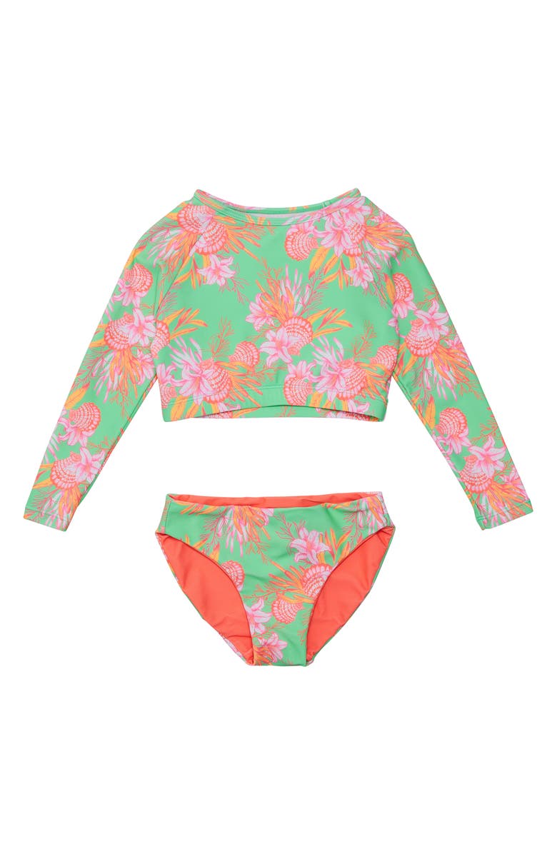 Snapper Rock Kids' Coastal Shells Long Sleeve Crop Rashguard Reversible Two-Piece Swimsuit, Alternate, color, 
