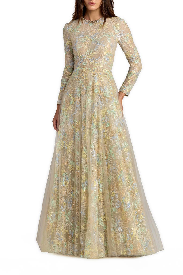 Long Sleeve Embellished Lace A-Line Gown, Main, color, Nude Multi