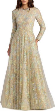 Mac Duggal Long Sleeve Embellished Lace A-Line Gown