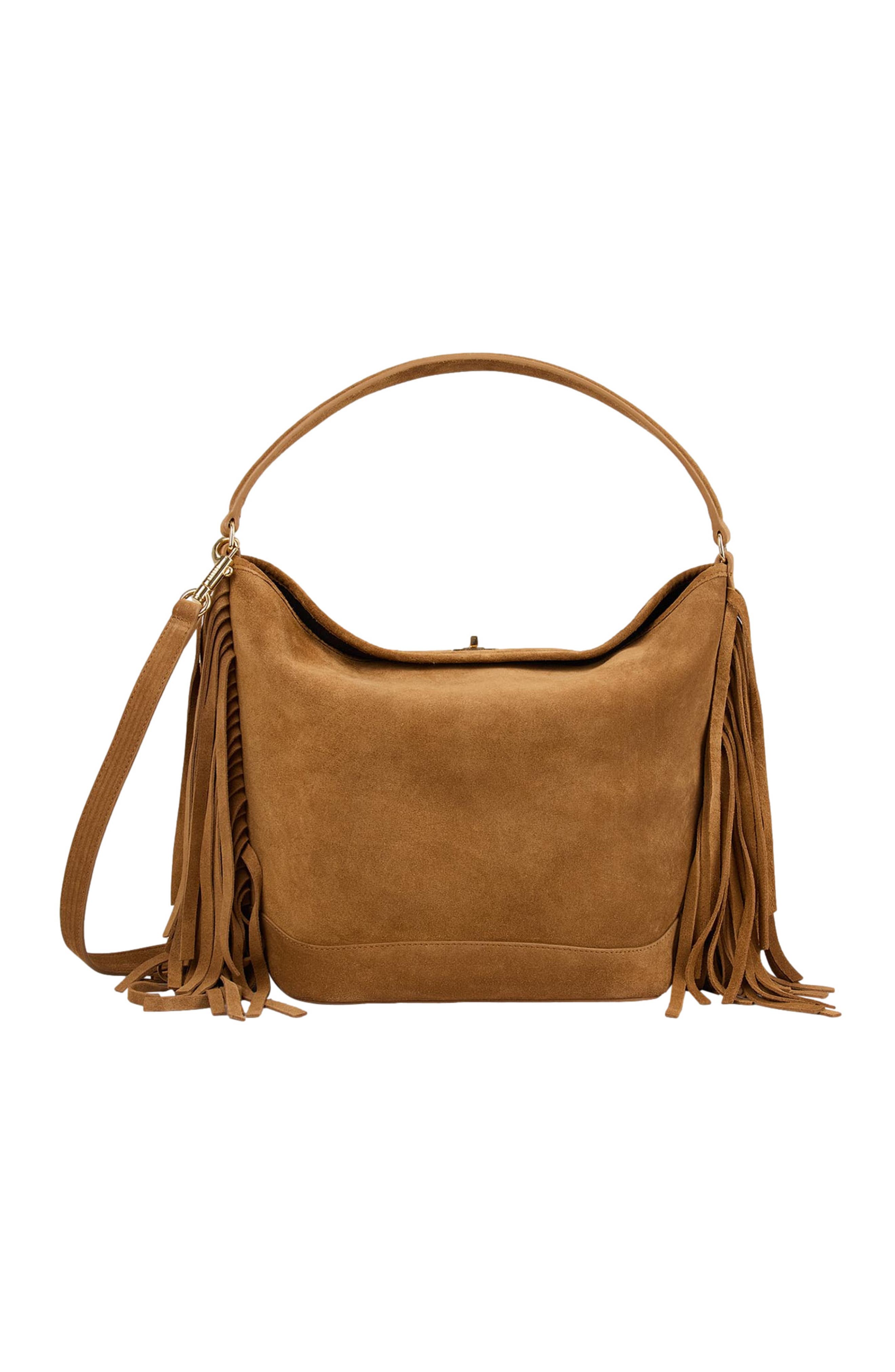 SANDRO TANGOSO fringed suede bucket bag, Alternate, color, Camel