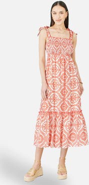 Yumi Ruched Tie Strap Midi Sun Dress