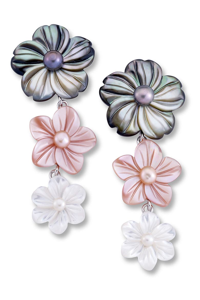 Graduated Mother of Pearl Flower Drop Earrings, Main, color, PINK MULTI