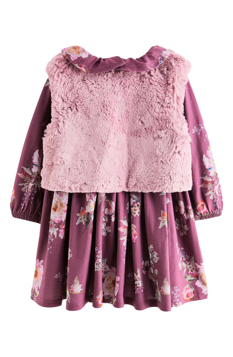 NEXT Kids' Floral Dress, Faux Fur Vest & Tights Set, Alternate, color, 