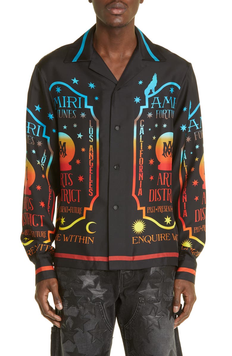 AMIRI Fortune Print Long Sleeve Silk Bowling Shirt, Main, color,