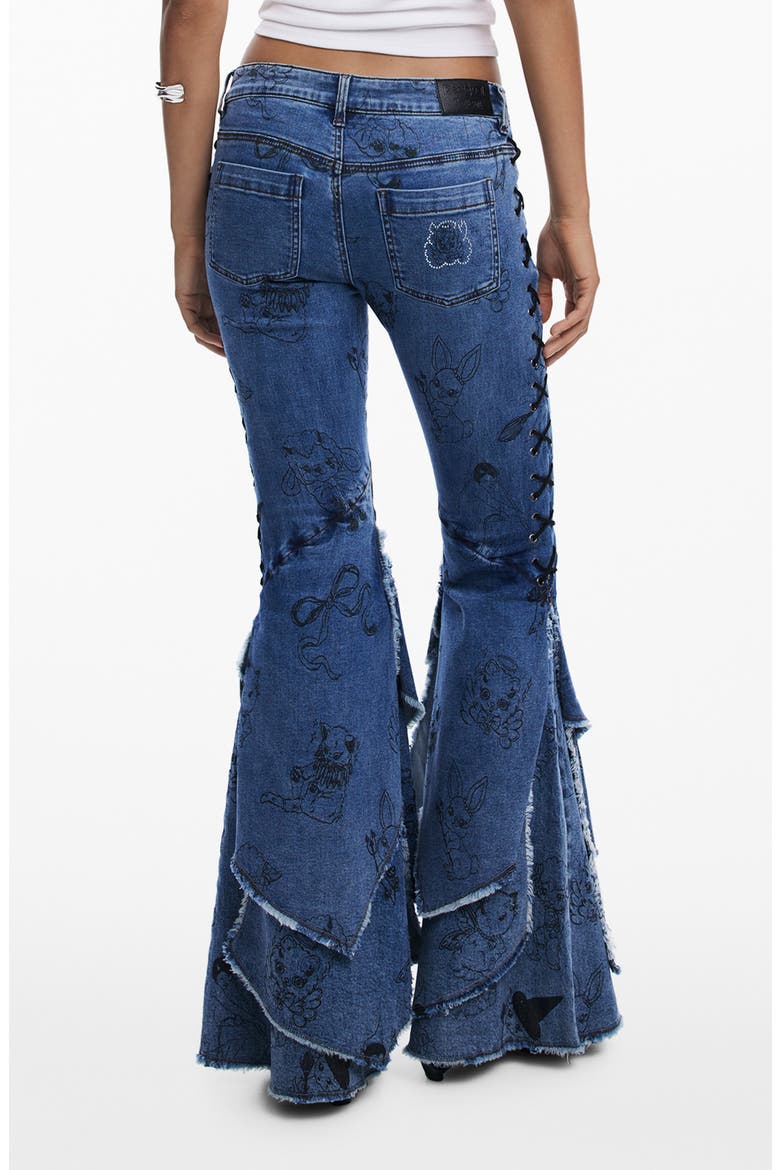 Cartoon Pattern Flare Jeans, Alternate, color, BLUE