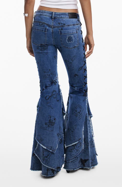 Desigual Cartoon Pattern Flare Jeans In Blue