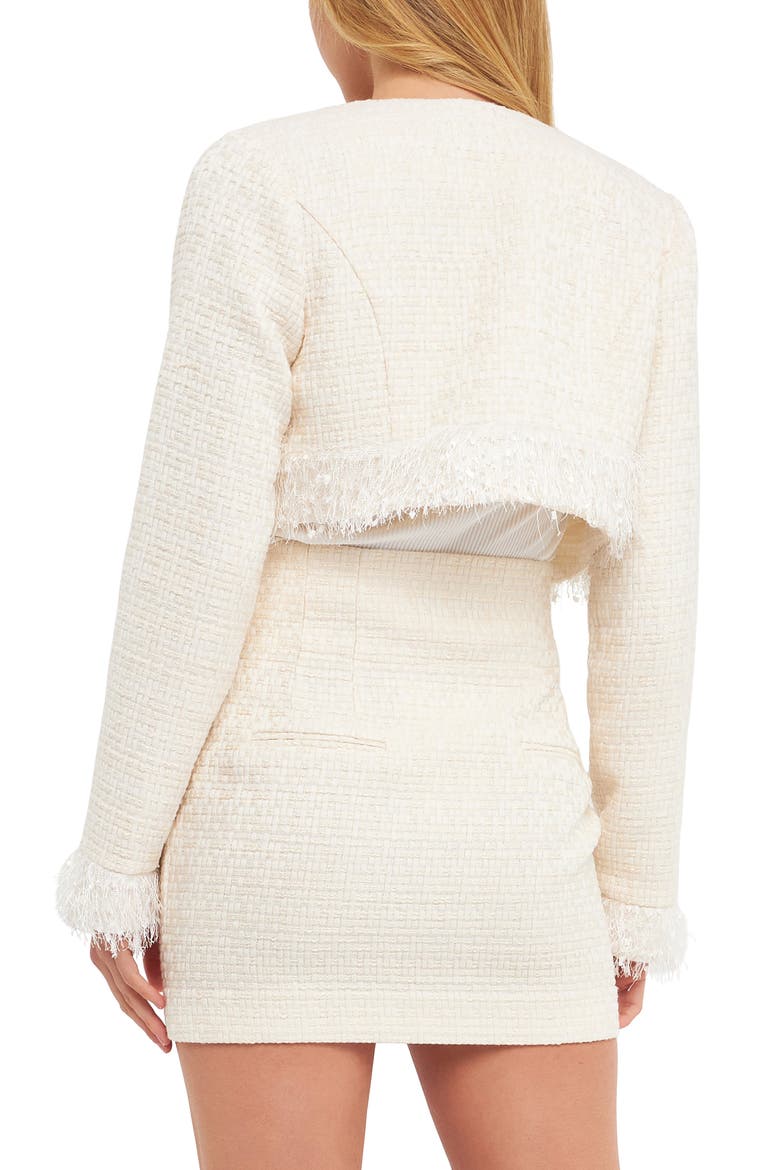 Feather Trim Tweed Crop Blazer, Alternate, color, IVORY