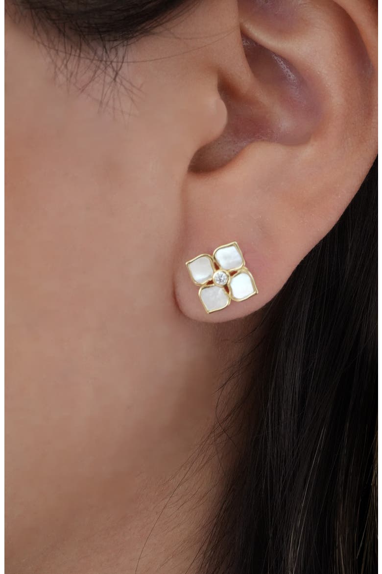 Mother of Pearl Flower Stud Earrings, Alternate, color, GOLD