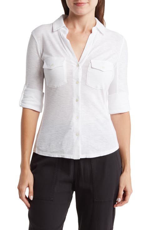 Cotton V-Neck Button-Up Shirt