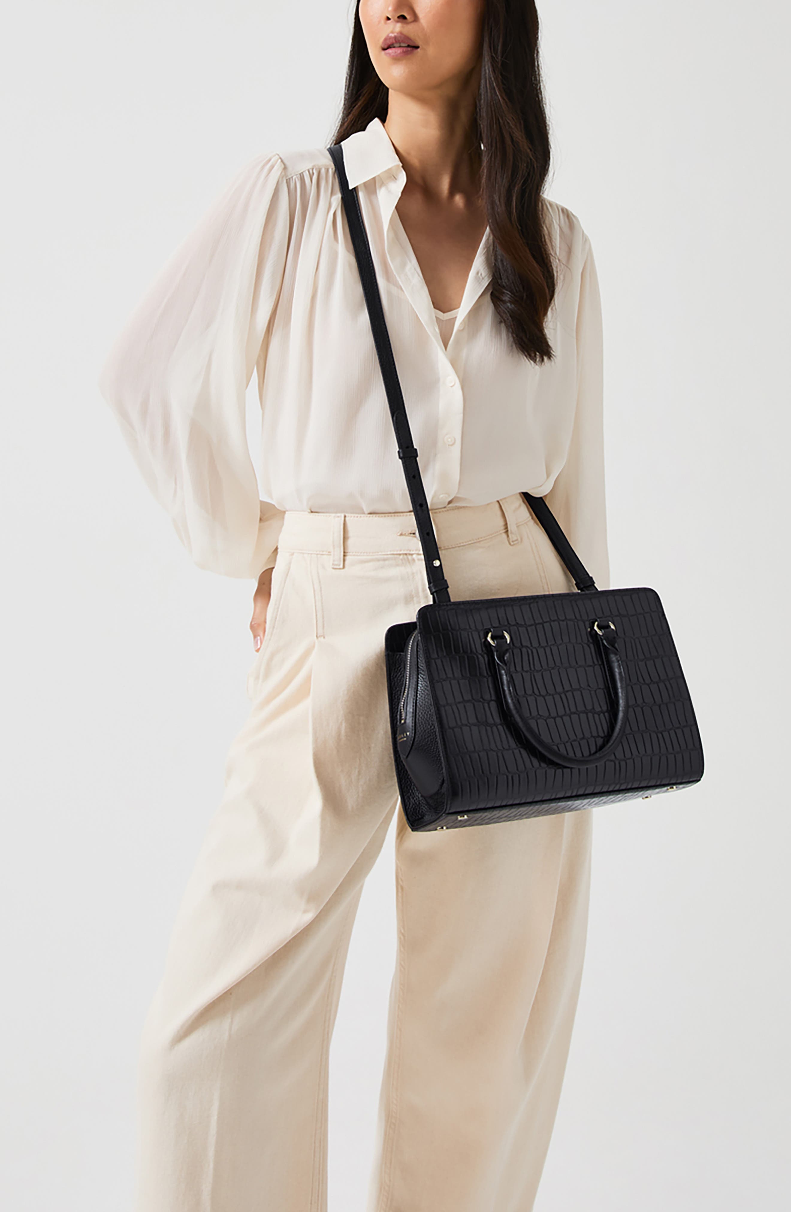 Radley Angel Lane Croc Embossed Leather Satchel, Alternate, color, Black