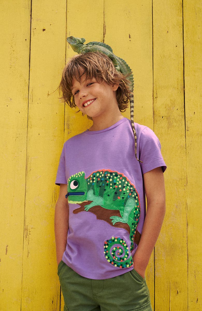 Mini Boden Kids' Chameleon Appliqué Zip Detail Cotton Graphic T-Shirt, Alternate, color, 