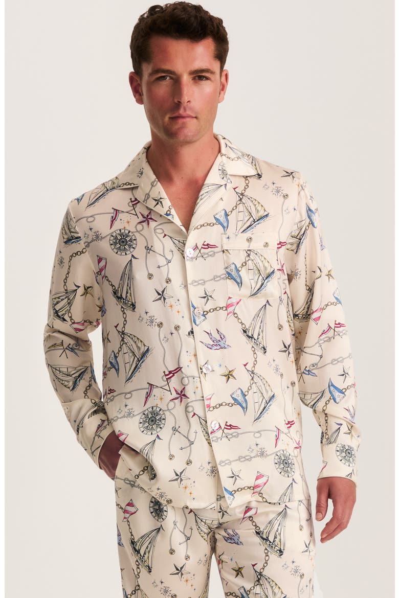 Regatta Print Mulberry Silk Pajamas, Alternate, color, BEIGE