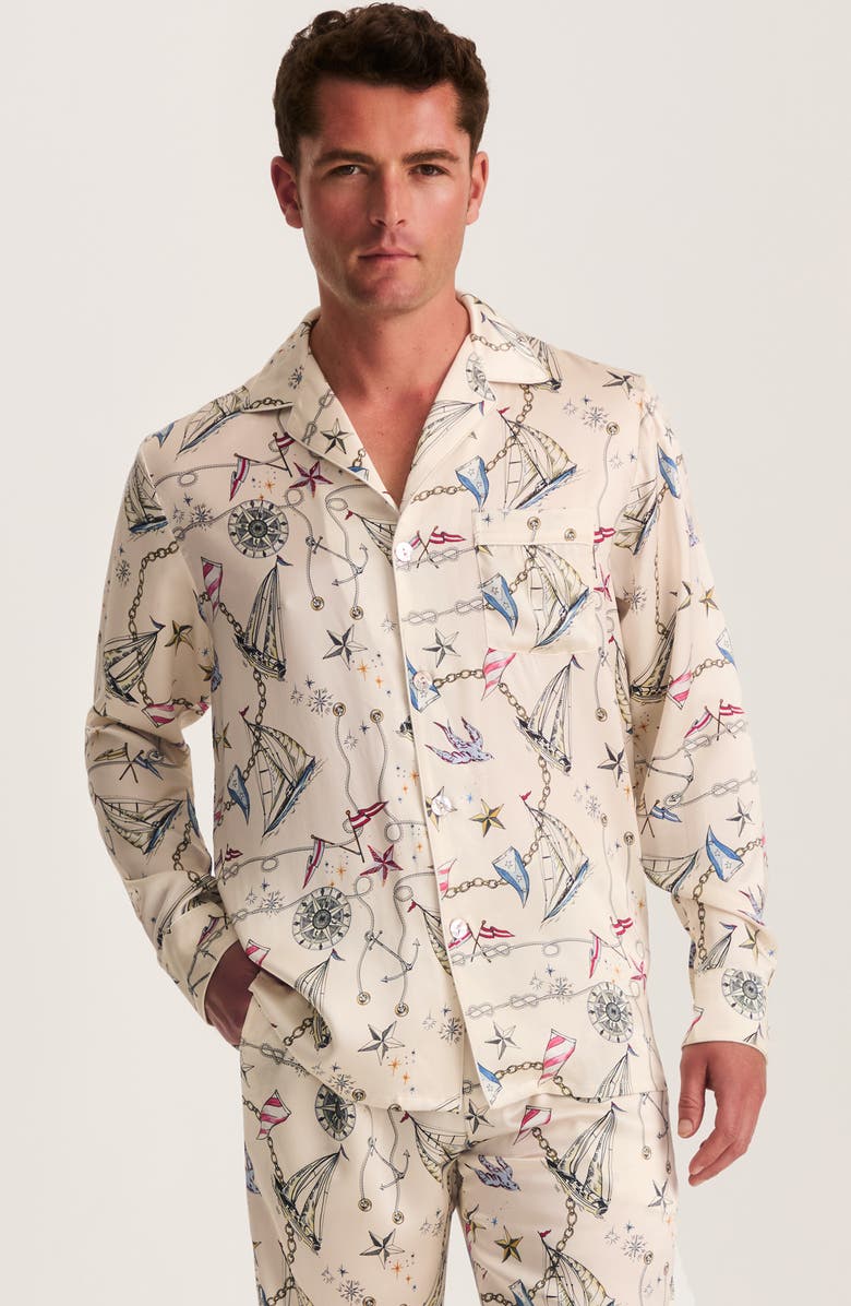 Petite Plume Regatta Print Mulberry Silk Pajamas, Alternate, color, Beige