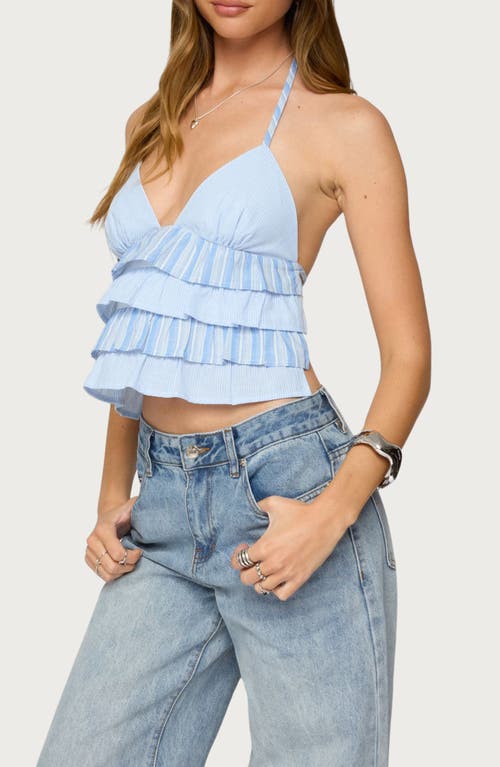 Edikted Tiered Ruffle Backless Striped Halter Top In Blue