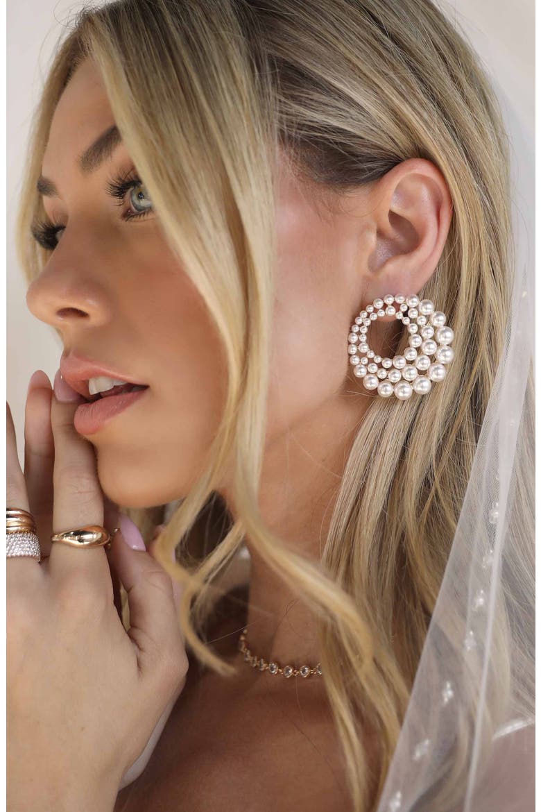 Imitation Pearl Statement Frontal Hoop Earrings, Alternate, color, GOLD