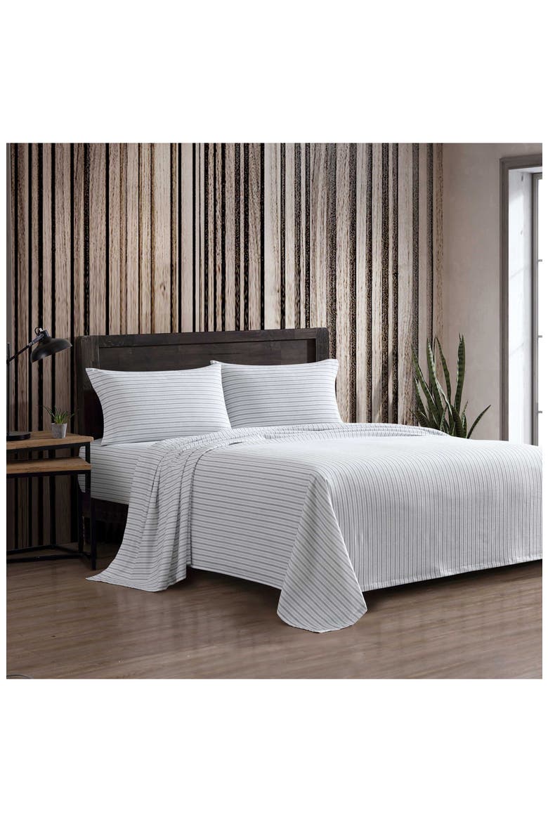 Tickling Stripe Print Flannel Sheet Set, Alternate, color, DARK GREY