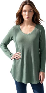 Roaman's Plus Size Knit Thermal V Neck Swing Tunic Long Sleeve