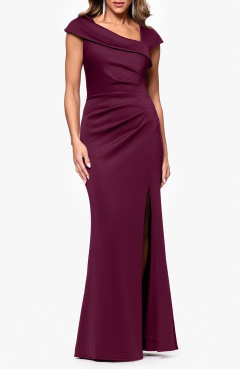 Asymmetric Neck Scuba Knit Trumpet Gown (Regular & Petite)