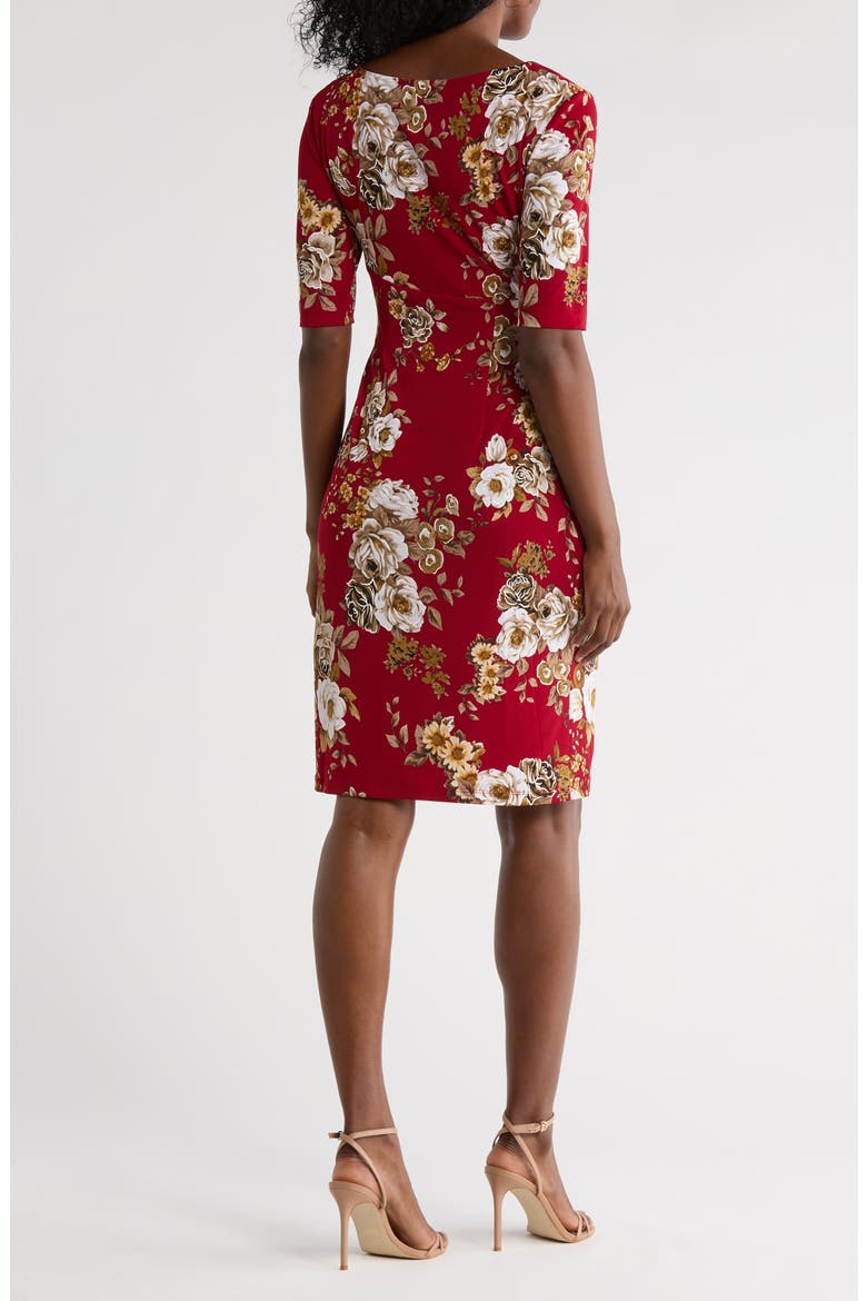 Floral 3/4 Sleeve Faux Wrap Dress, Alternate, color, CRIMSON