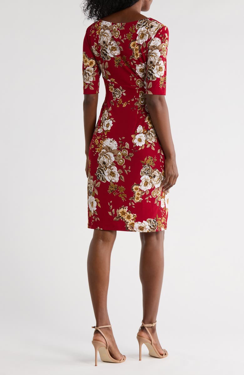 Connected Apparel Floral 3/4 Sleeve Faux Wrap Dress, Alternate, color, Crimson