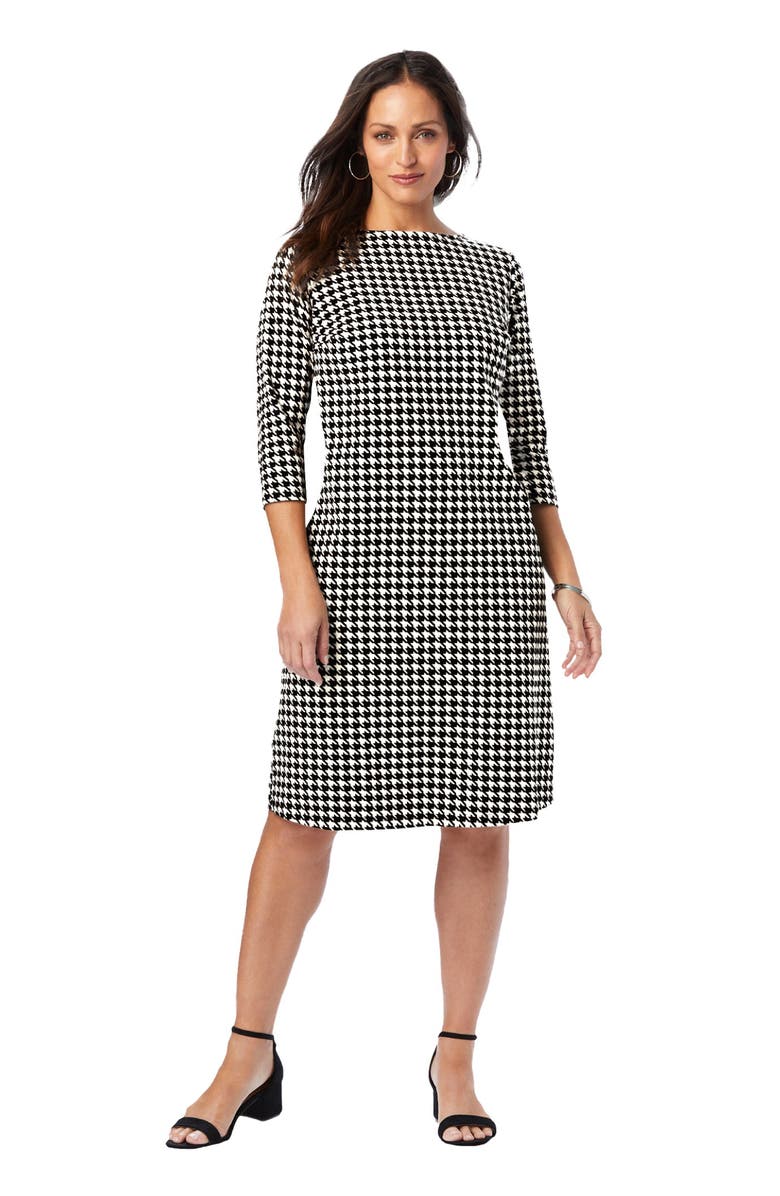 Jessica London Stretch Cotton Boatneck Shift Dress, Main, color, White Houndstooth