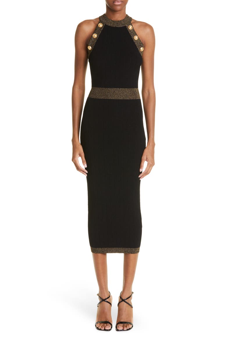 Golden Edge Rib Body-Con Midi Dress, Main, color, BLACK/ GOLD