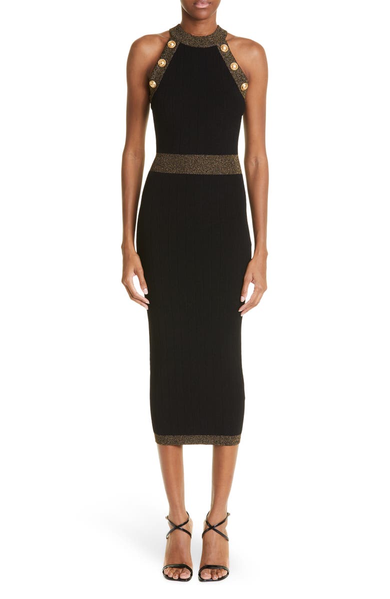 Balmain Golden Edge Rib Body-Con Midi Dress, Main, color, 