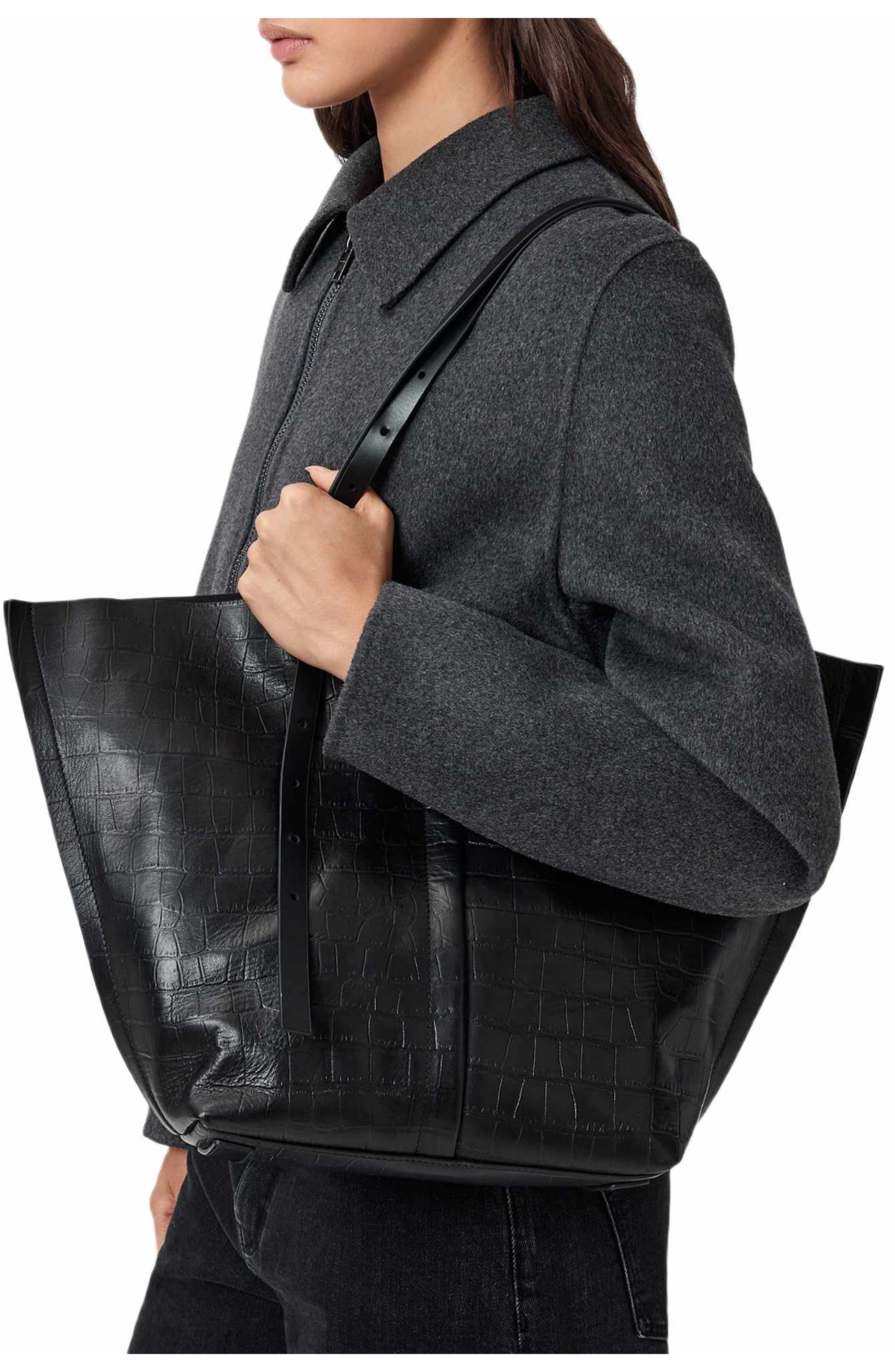 Ara Medium Croc Embossed Leather Tote, Alternate, color, BLACK
