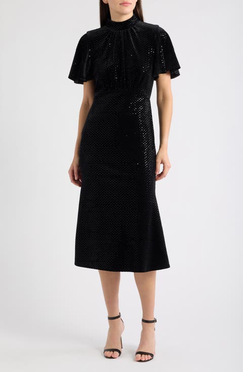 Flutter Sleeve Sequin Velvet Cocktail Dress
