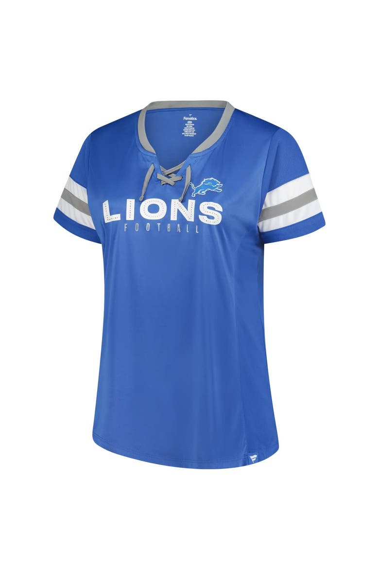 Women's Fanatics Blue Detroit Lions Plus Size Rhinestone Redzone Athena Lace-Up Notch Neck T-Shirt, Alternate, color, Blue