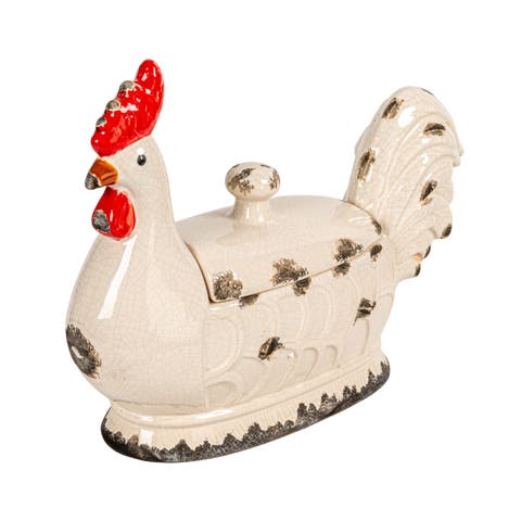 Decorative Stoneware Rooster Container with Lid and Distressed Finish, Multicolor