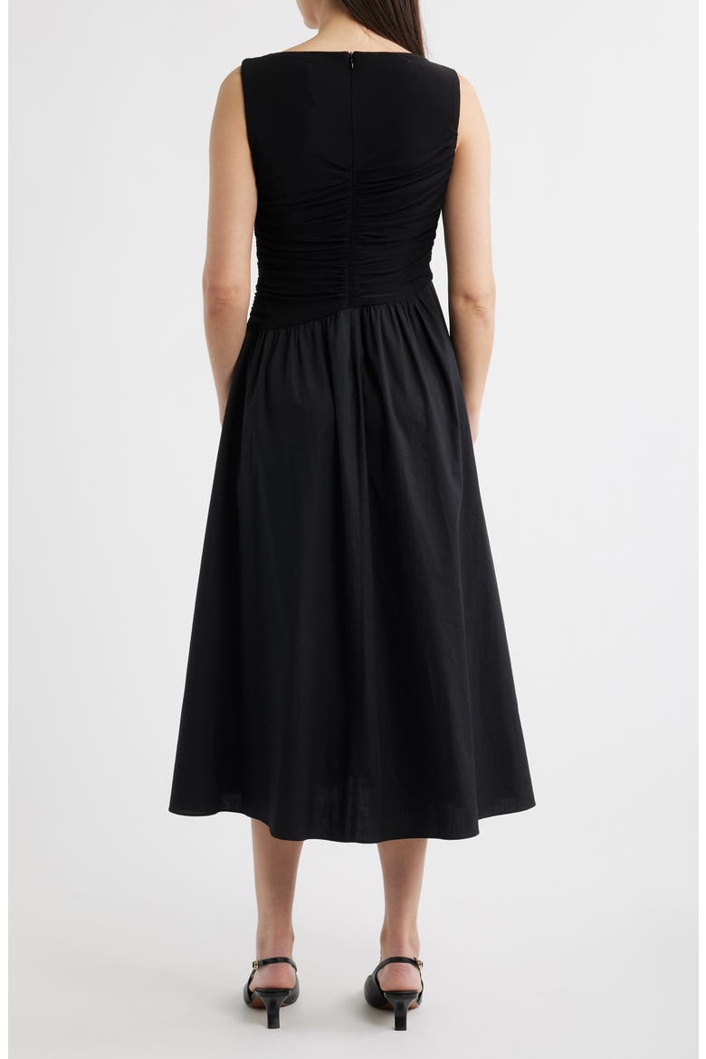 Ity Ruched Bodice Mixed Media Midi Dress, Alternate, color, BLACK