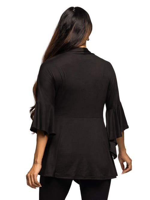 24seven Comfort Apparel Tie Front Bell Sleeve Cardigan In Black