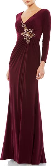 Faux Wrap Long Sleeve Appliqué Detail Gown