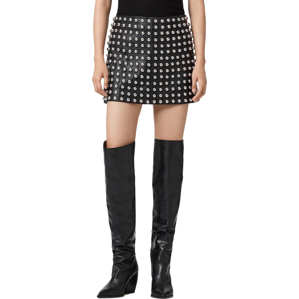 Allsaints Wilder Stud Embellished Leather Miniskirt In Black