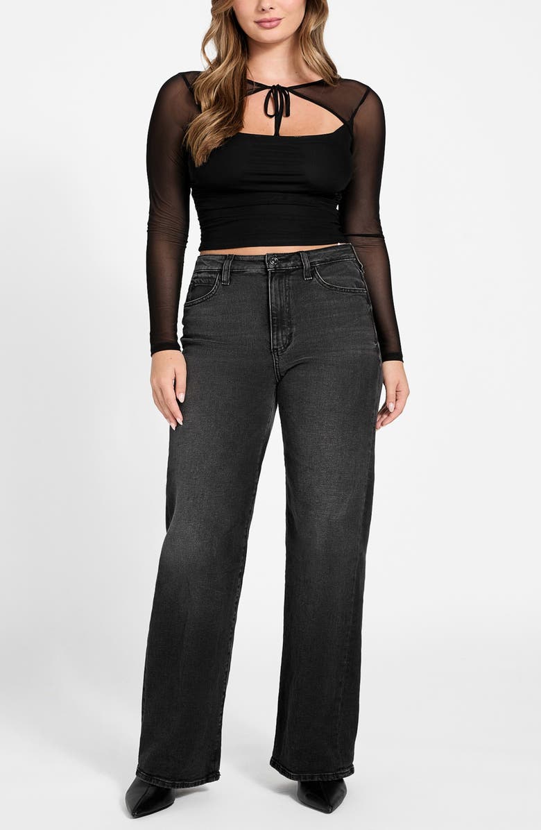 GUESS Lauryn Long Sleeve Mesh Crop Top, Alternate, color, Jblack-Black