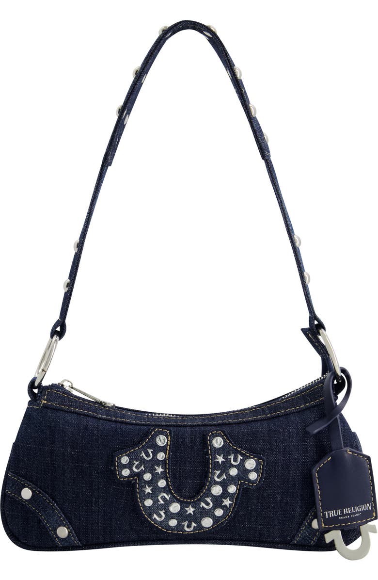 True Religion Studded Horseshoe Denim shoulder bag, Main, color, Denim