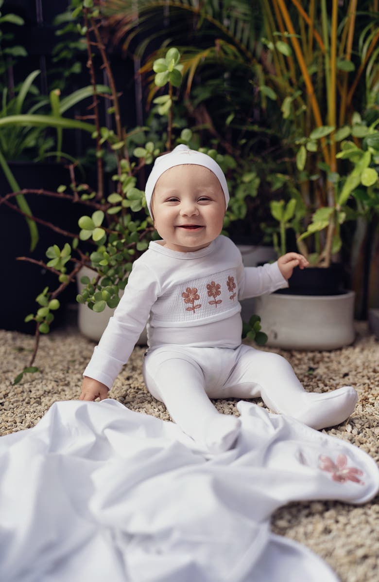 Manière Floral Smocked Cotton Blend Footie, Alternate, color, White