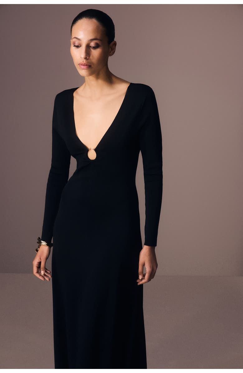 Karen Millen Keyring Detail Long Sleeve Knit Dress, Alternate, color, Black